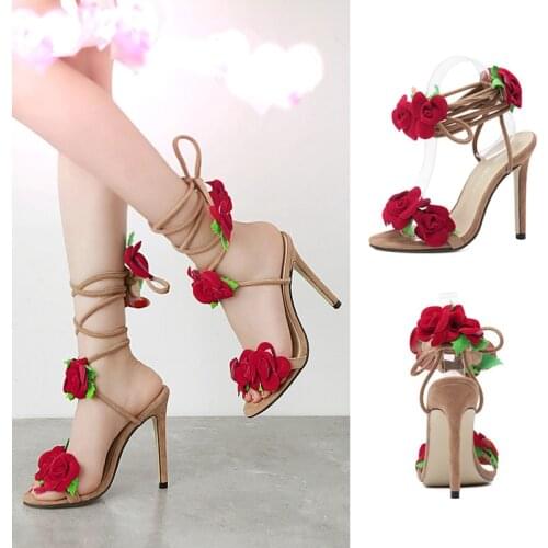 Woman Sandals Summer Woman High Heel Shoes Flower High Heel Sandals Ankle Strap Peep Toe Rubber Heel Sandals Bridal Party Shoes