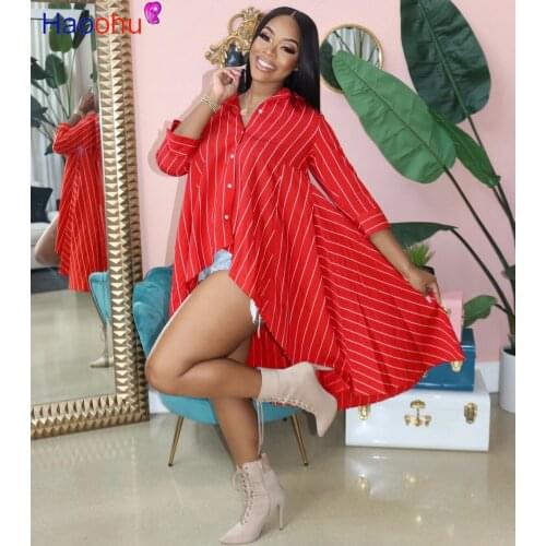 HAOOHU Striped Irregular Shirt Midi Dress Long Sleeve Button Up Clothes for Women Casual Dress Harajuku Loose Female Dresses