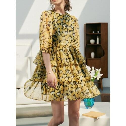 Women Floral Mini Dress 2021 Spring Summer Puff Sleeve Layered Ruffles Trim Loose Short Dresses Robes Fashion