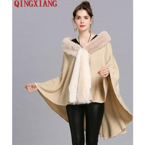 2019 Plus Big Fur Long Neck Poncho Winter Cloak Knitted Warm Thick Women Faux Fox Fur Collar Cape Big Pendulum Dovetail Cardigan