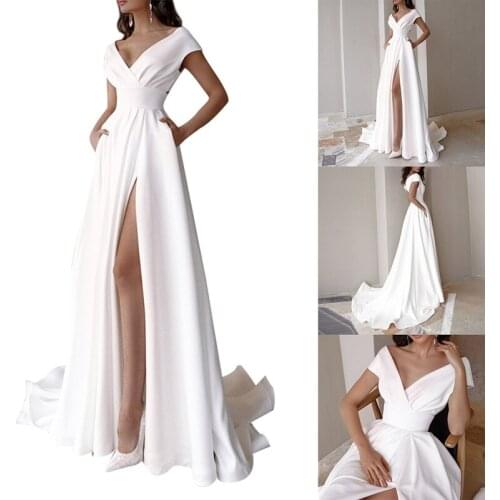 V-Neck Wedding Dress Fashion Short Sleeve Train Slit A-Line Bridal Gown with Pockets