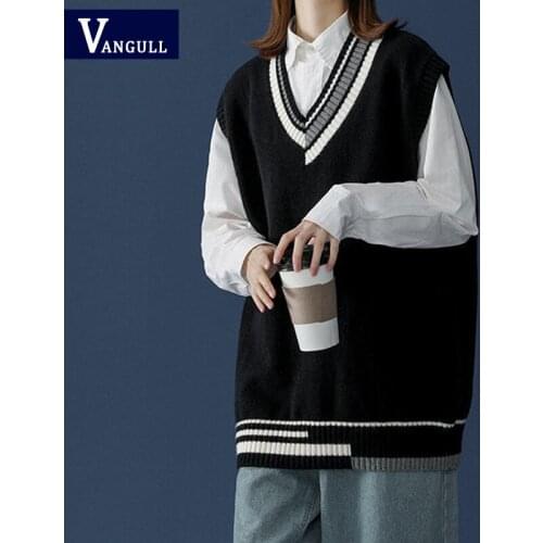 Vangull College Style Patchwork Women Vest Autumn New Knitted Female Pullovers V-Neck Sleeveless Loose All-match Sweater Vest