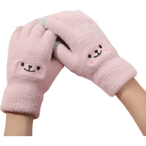 Winter Plush Gloves Warm Full Finger Gloves Soft Embroidery Gloves Cartoon Touchscreen Glove for Driving Riding