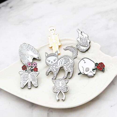 Skeleton Enamel Pins Skull Hand Coffee Cup Rose Badge Brooches Jackets Shirt Bag Lapel Pin Gothic Punk Jewelry Gift for Friends