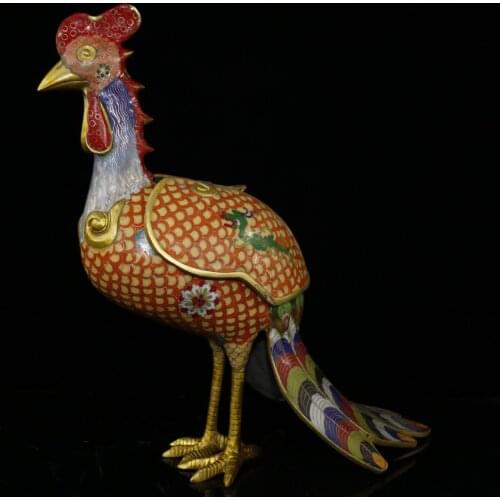 17" Tibet Buddhism Old Bronze Cloisonne Enamel Rooster statue Long tailed cock Golden Rooster Primula Incense burner Lucky