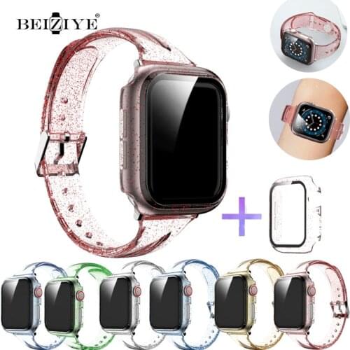 Glitter Silicone Strap+Case For Apple Watch band 44mm 42mm 40mm 38mm Integrated for iWatch Series 6 SE 5 4 3 2 1 Women Watchband