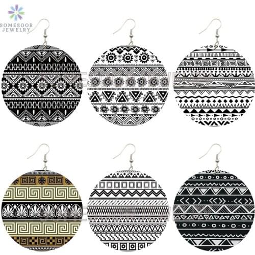 SOMESOOR Afro Fabric Designs Bohemian Wooden Drop Earrings African Ethnic Pattern 6cm Large Loops Dangle Jewelry For Women Gift