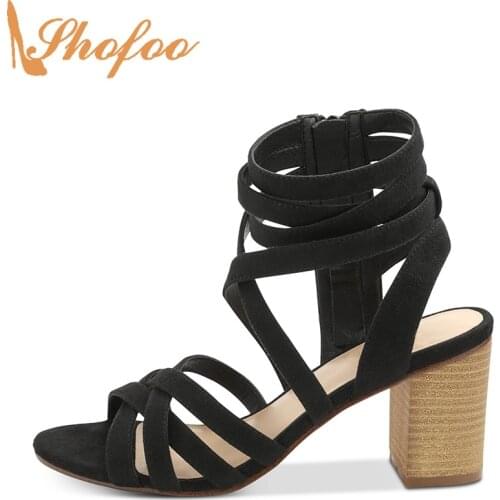 Black High Block Heels Sandals Peep Toe Woman Large Size 12 15 Ladies Fashion Ankle Wrap Cross Tied Mature Office Shoes Shofoo