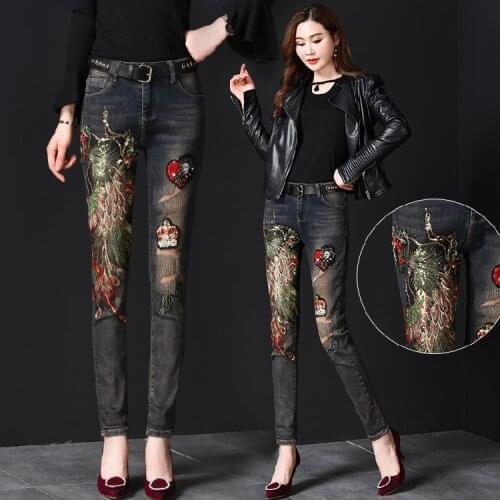Black Jeans Women Autumn Winter Ins Fashion Female Embroidery Sequins Phoenix Holes Slim Denim Pants Girls Ladies Clothes