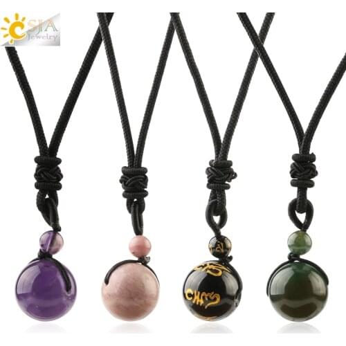 CSJA Natural Reiki Stone Pendant Necklaces Purple Crystal Healing Transfer Lucky Beads Round Ball Energy Jewelry Female Men S466