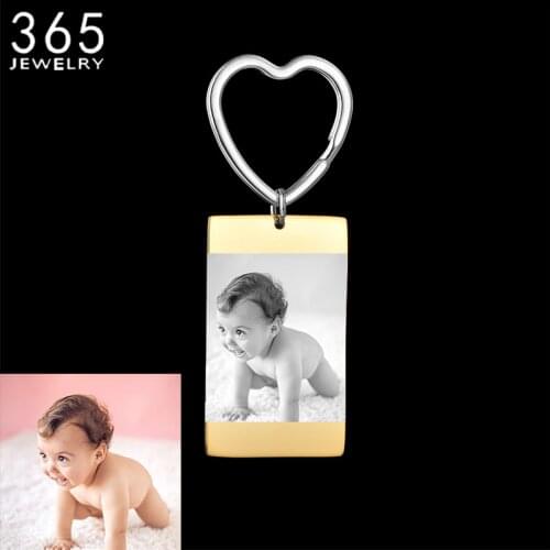 Heart Rectangle Engraved Picture Name Custom Key Rings Stainless Steel Jewelry Gifts for Children Kids Personalized Keychains