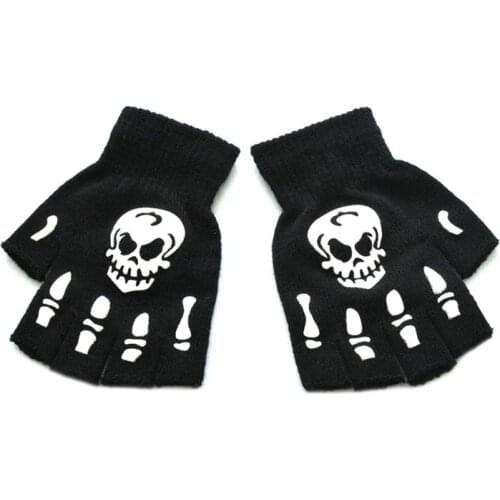 Unisex Adult Halloween Skeleton Skull Half Finger Gloves Glow in the Dark Fingerless Stretch Knitted Winter Mittens