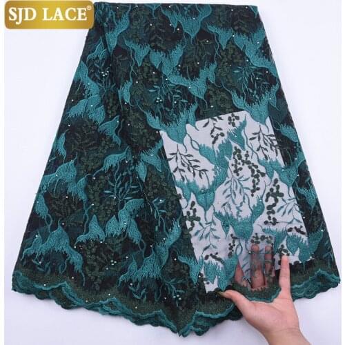 SJD LACE 2020 Hot Sale Green African Mesh Lace Fabric With Beads and Stones French Net Laces Fabric For Wedding Dress Sew A2056
