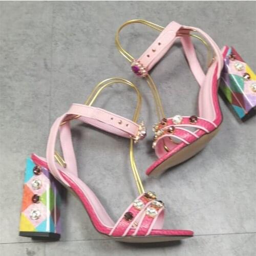 Summer Casual Designer fashion womens sandals pink real leather crystal Rhinestone strappy chunky high heels shoes party shoes