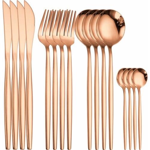 Cutlery Set Stainless Steel Dinner Set Tableware 16Pcs Rose Gold Dinnerware Set Spoon Fork Knife Flatware Home Utensils Reusable