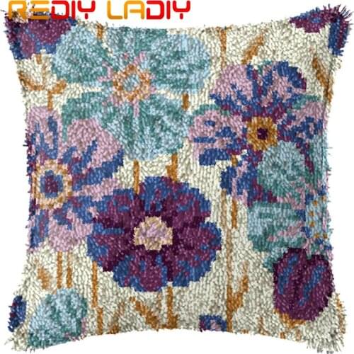 Latch Hook Cushion Blue Flowers Pillow Case Pre-Printed Color Canvas Acrylic Yarn Latched Hook Pillow Kits Crochet Cushion Cover