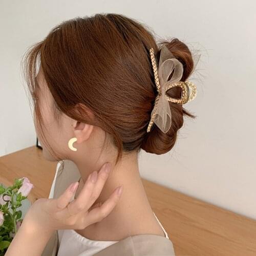 New Gauze Bow Hair Claw Clip Girls Rhinestone Drill Shark Hair Clip INS Style Geometry Hollow Women Hairpin Hair Accessories