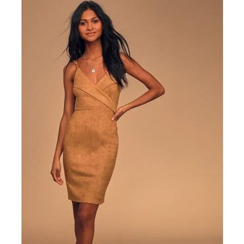 Tan Suede Leather Bodycon Dress Midi Sleeveless Spaghetti Straps Pencil Dress Suede Slim Backless Female Dress Plus Size Custom