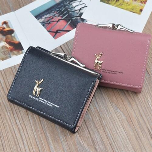 Cute Small Deer Wallet Buckle Folding Girl Wallet Brand Designed Leather Coin Purse Female Card Holder Dropshipping