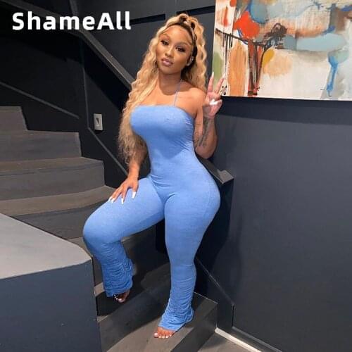 Skinny Sexy Stacked Jumpsuit Women 2020 Partywear Halter Sleeveless Overall Streetwear Outfit Fitness Backless Bodycon Bodysuit