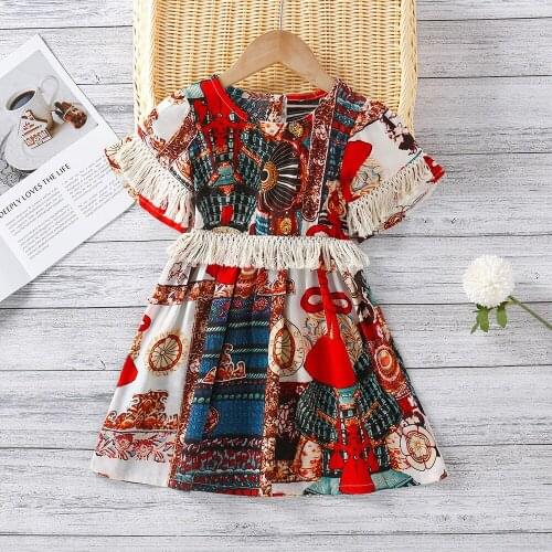 Bohemia Style Girls Dress Summer Print tassel Kids Dresses for 2 3 4 5 6 Year Girl Toddler Children Princess Clothing 2021 New