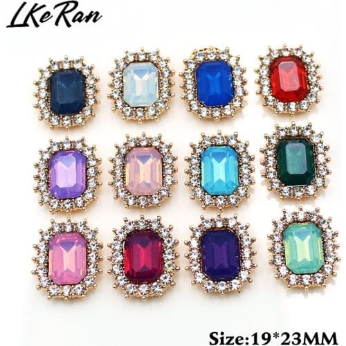 LKERAN 10Pcs 19*23mm Rectangle Alloy Resin Rhinestones Buttons Hair Flower Center DIY Embellishment Crystal Accessories Jewelry