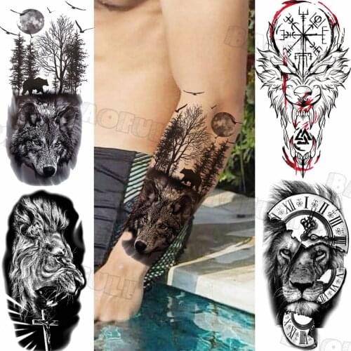 Realistic Wolf Forest Temporary Tattoos For Men Adult Lion Compass Fox Fake Tattoo Sticker Unique Black Animal Forearm Tatoos