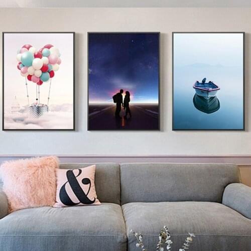 Romantic Aestheticism Lover and Hot air Balloon Boat Wall Art Canvas Painting Posters Prints Girl Room Bedroom Home Decoration