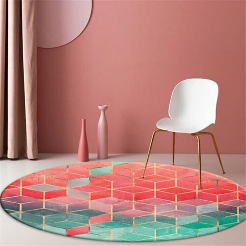 Nordic Pink Green Geometric Plaid Round Carpet For Girl Simple Fresh Luxury Area Rug Room Decoration Anti-slip Chair Mat Sweet