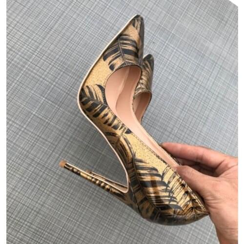 Gold Black Leaf Bronze Feather Leaf Printed Toe 12cm High-heeled Shoes Sexy Night Club Wedding Party QP024 CHENSIR9