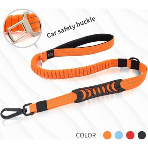Retractable Dual Handle Dog Leash with Car Safety Buckle - Heavy Duty Shock Absorbing Reflective Bungee Dog Leash