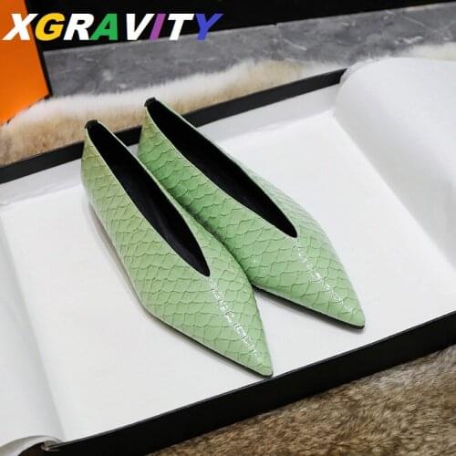 XGRAVITY Genuine Leather Fashion V Cut Elegant Women Shoes Fashion Womans Flats Genuine Leather Ladies Shoes Casual Shoes C352