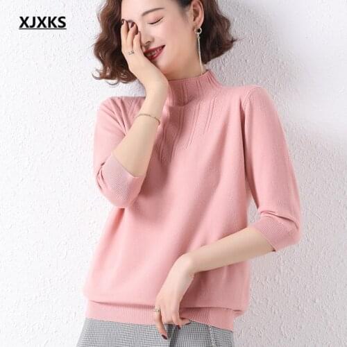 XJXKS Fashion three-quarter sleeve women turtleneck sweater 2021 spring autumn new comfortable wool knit sweater women pullover