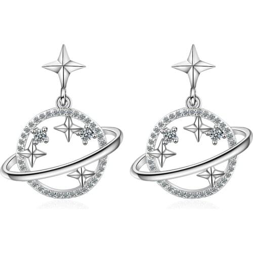 Simple Design Womens Cubic Zirconia Earrings 925 sterling silver Planet Drop Earring for Party Valentines Day Jewelry