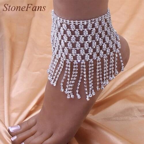Stonefans Fashion Rhinestone Long Tassel Ancle Anklet for Women Bracelet Thigh Jewelry Mesh Foot Bracelet Boho Ankle Chain Femme