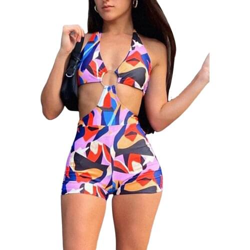 Women Summer Sexy Hollow Out Playsuit, Multicolor Halter Neck Sleeveless 1 piece, S/ M/ L