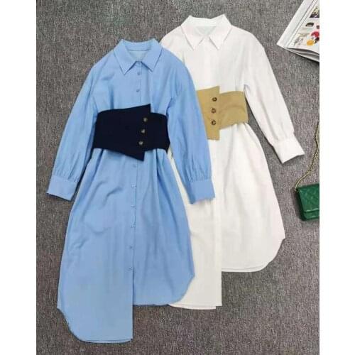 High Quality New Long Shirt Dress 2021 Autumn Women Turn-down Collar Wide Waist Coat Patchwork Long Sleeve Blue White Dress