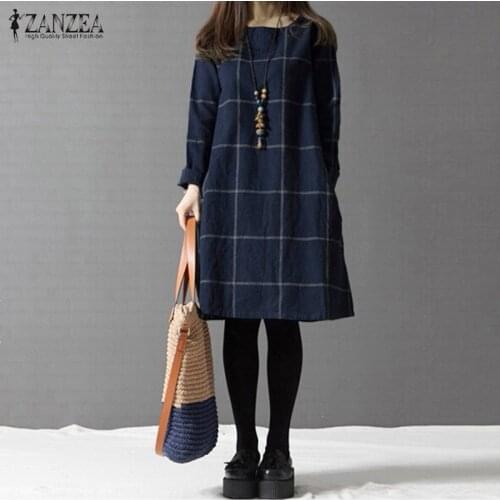ZANZEA Winter Plaid Dress 2021 Autumn Women Long Sleeve Cotton Linen Knee-length Dress Casual Shirt Vestidos Robe