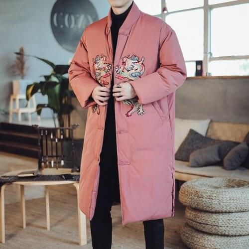 Winter Chinese Style Design Warm Thicken Padded Retro Buckle Coat Jackets For Men Long Section Casual Loose Overcoat Men KK3264