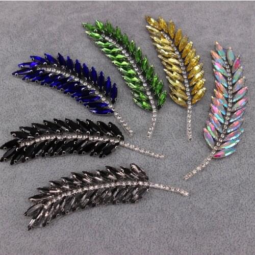 9.5x2.5cm AB Rhinestone Leaves feather Brooches Fashion Embroidered Patch Iron on Sewing Crystal Applique For Suit dress Jewelry