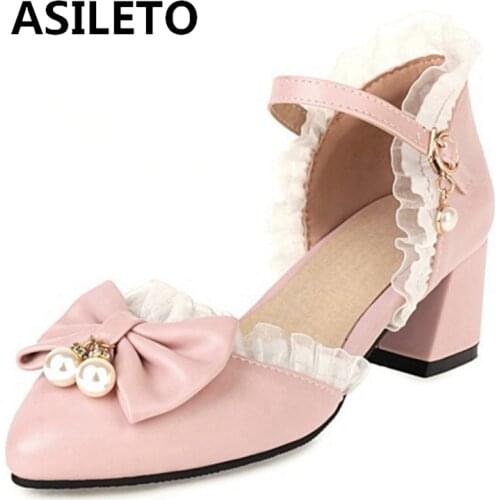 ASILETO New 2021 Ladies Pumps Pointed Toe 5cm Cone Heels Buckle Lace Bowtie Pearl Sweet Cute Cosplay Big Size 48 Casual S2130