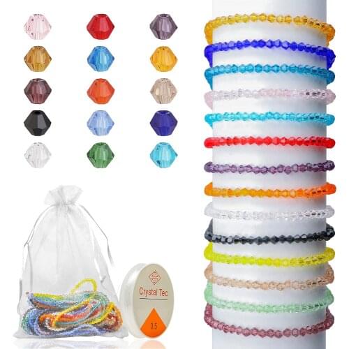 3/4/6MM Bicone Glass Beads 15 Colors Faceted Crystal Beads with Elastic Strings for DIY Jewelry Making Beading Necklace Earrings