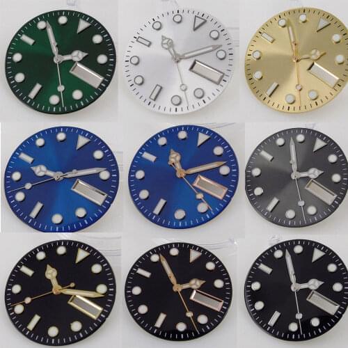 BLIGER New Sterile Sunburst 29mm Steel Black/Blue/Green/Gold Watch Dial Hand fit NH36A Double Date Window Luminou Hand Set