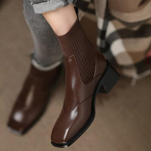 2020 New rough-heeled knitted Chelsea boots with elastic socks boots spring and autumn single boots square martin boots