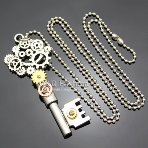 Ornate Silver Plated Skeleton Key Watch Clock Hand Gear Cog Steampunk Chain Necklace Jewelry New