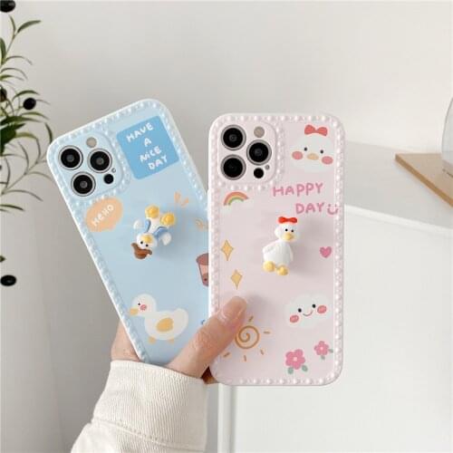 Phone Case For iPhone 11 12 Pro Max XSmax X XR XS Max 7 8 Plus SE Soft TPU Silicone Cover Cartoon whirling Pink Bule Cute Duck