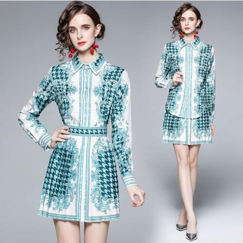 Dropshipping Spring Summer Fall 2pcs Women Casual Set Swallow Gird Print Collar Long Sleeve Top Shirt Blouse Skirt Suits Outfits