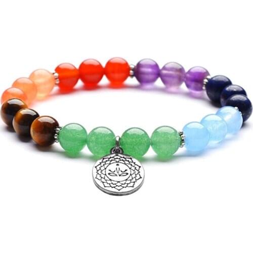 Druzy Colorful Energy Stone Yoga Seven Chakra Bracelet Natural Red Agates Amethysts Tiger Eye Stone Buddhist Lotus Bracelet