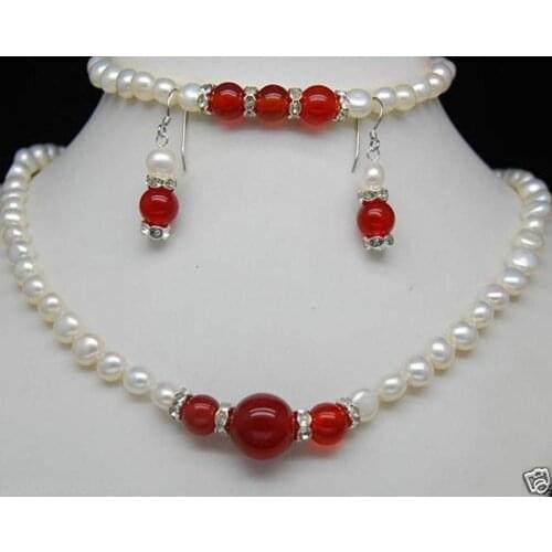 Elegant 8-9MM White Pearl Red Jade Necklace bracelet earringst Jewelry Set