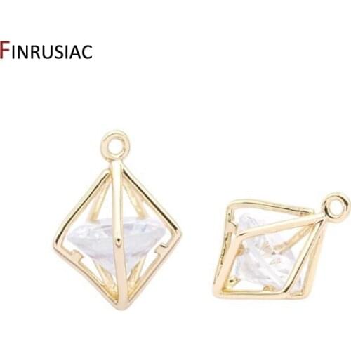 Korean Handmade 14K Gold Plated Copper Metal Inlaid Zircon Rhombus Pendant For DIY Making Earrings Charms Findings Components